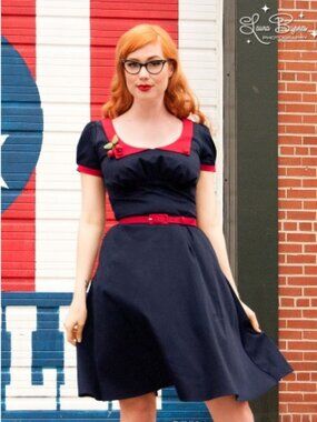 Dorothy Dress in Navy with Red Trim Pinup Couture Retro Swing M - LIKE NEW